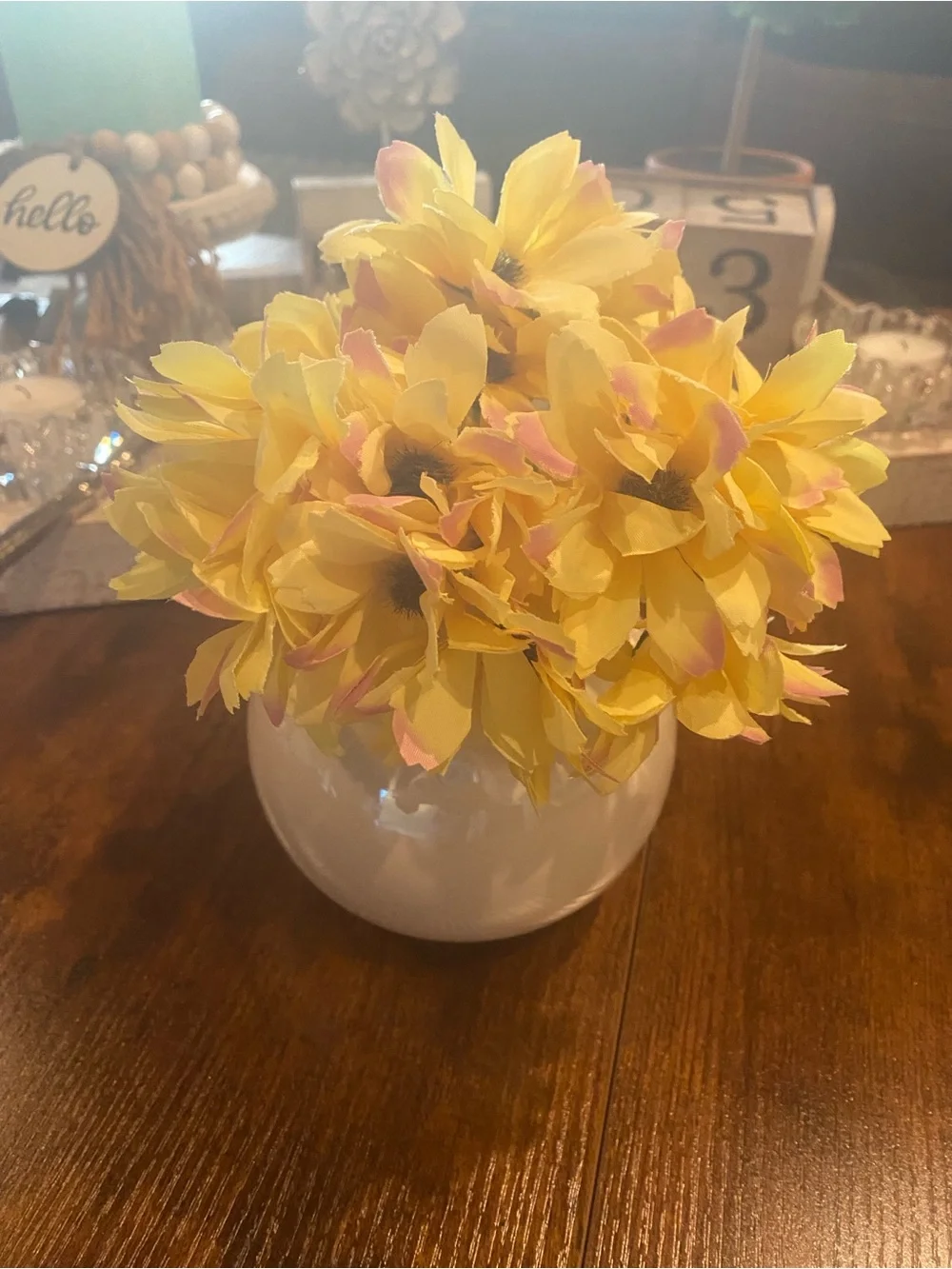 Yellow and Pink Faux Flower Arrangement in White Vase